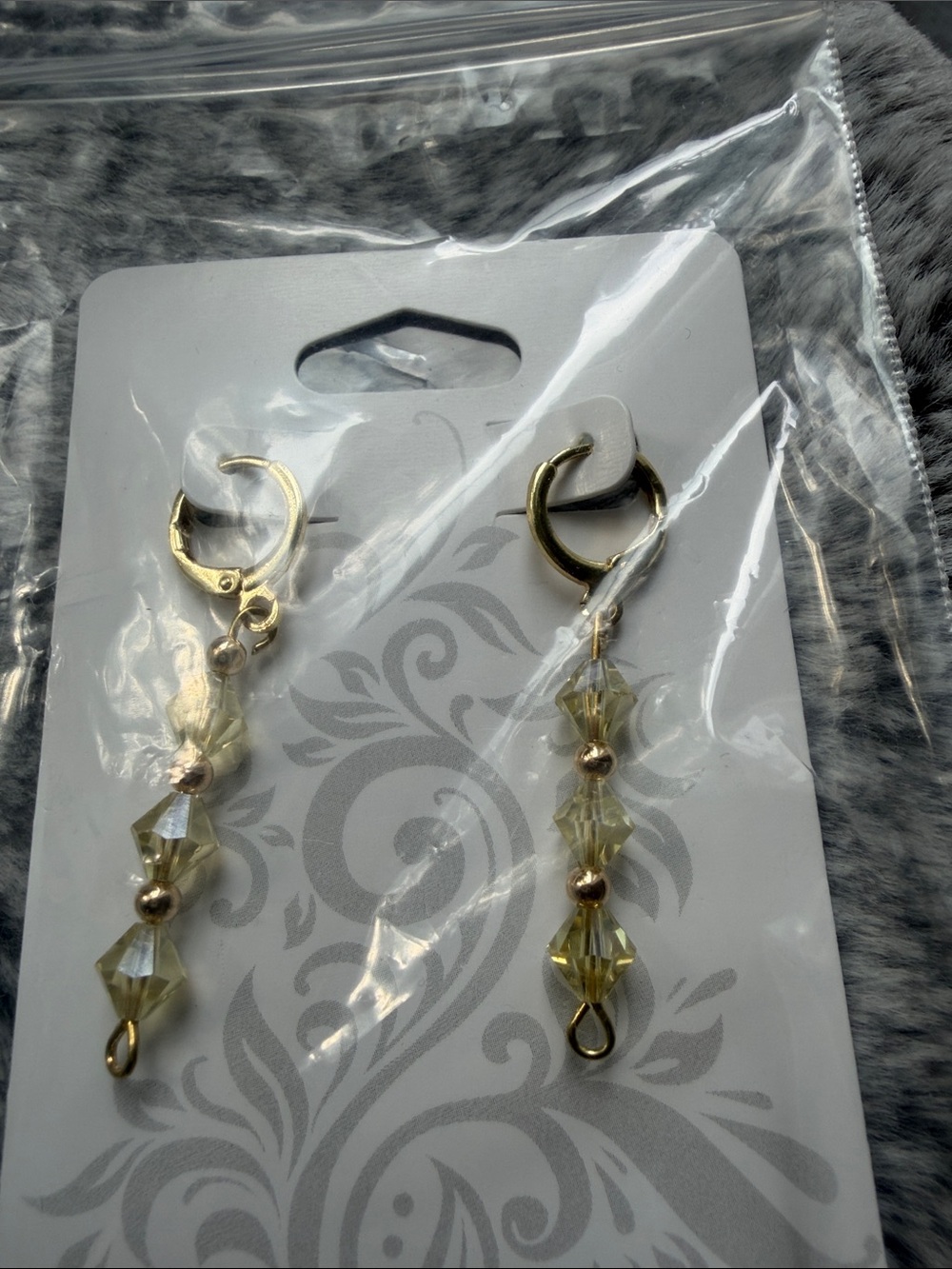 Gold filled bead and huggie clip Yellow Crystal Drop Earrings. Handmade.